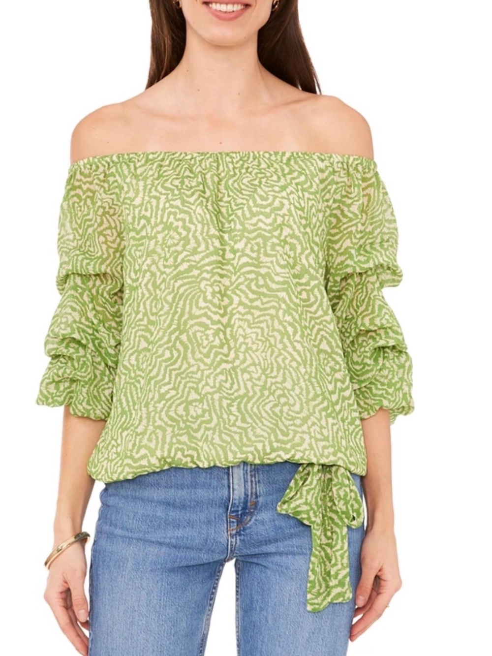 🎼Vince Camuto printed off the shoulder bubble sleeve Green size XL GUC